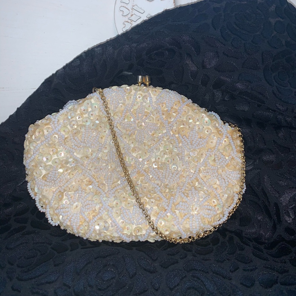 Vintage Evening Bag Sequin and Beaded Kiss Clasp Satin Lined Made in Hong Kong
